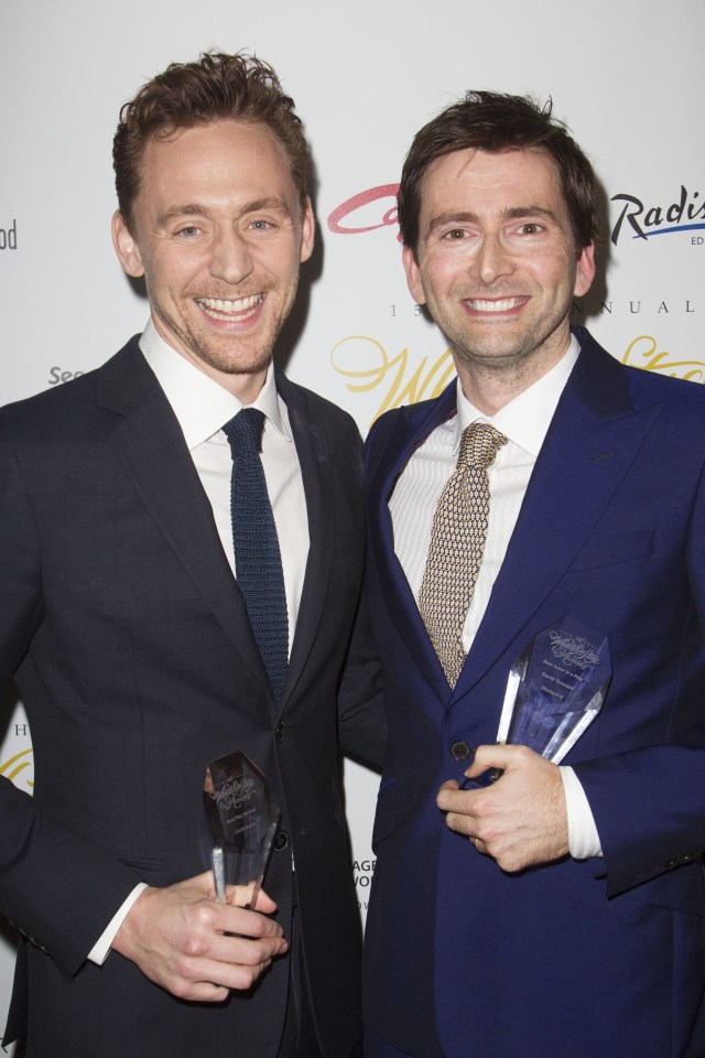 Tom Hiddleston accepts the 2015 WhatsOnStage Award for Best Play Revival for Coriolanus and David Tennant accepts the 2015 WhatsOnStage Award for Best Actor in a Play for Richard II at the 2015 WhatsOnStage Awards 